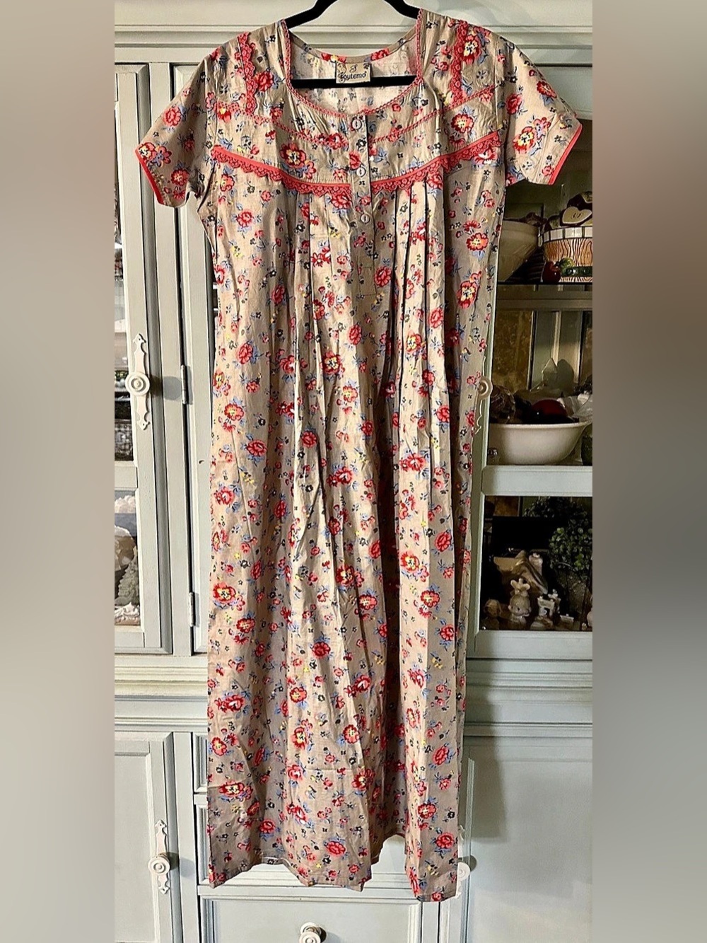 Soulemo Women's Cotton Floral Nightgown in Gray & Red